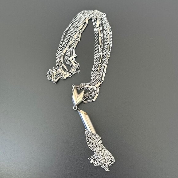 Multi-Layer Silver-Tone Tassel Pendant Necklace With Geometric Design - Picture 2 of 3